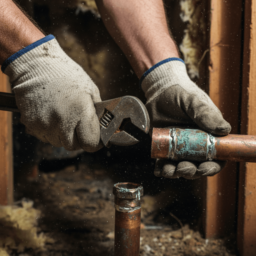 Plumber's hands gripping a corroded copper pipe joint with a wrench in a dim crawl space