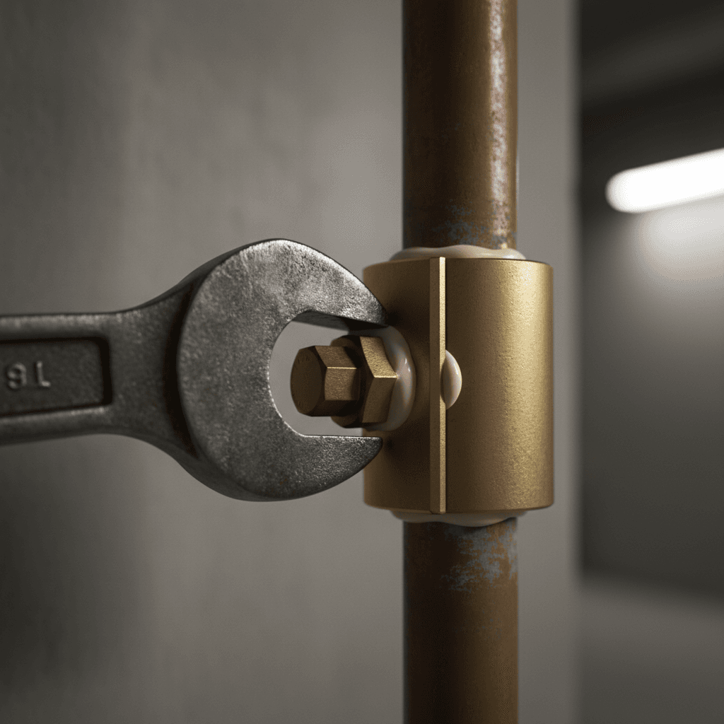 Extreme close-up of a brass repair sleeve clamp being tightened over a copper pipe with a wrench