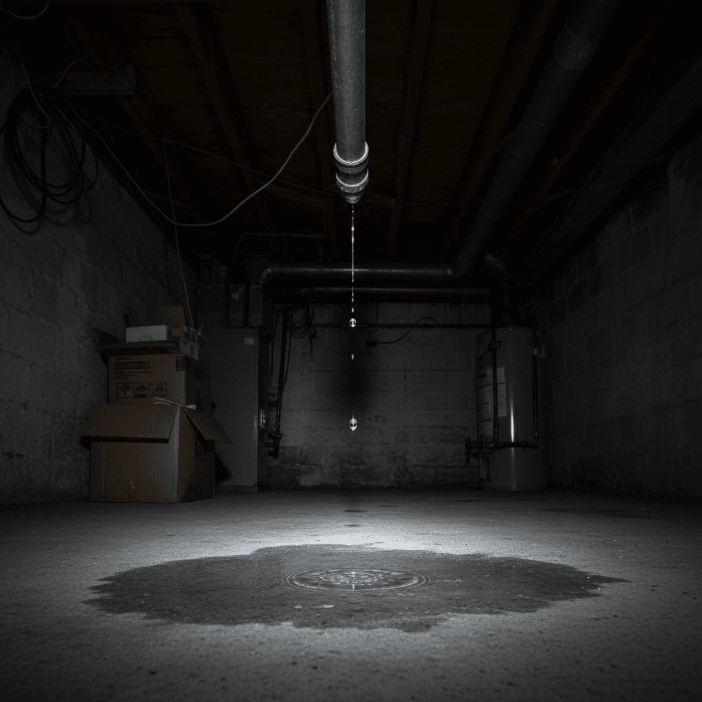 A single pipe on a basement ceiling actively leaking water droplets onto a concrete floor, illuminated by a flashlight beam