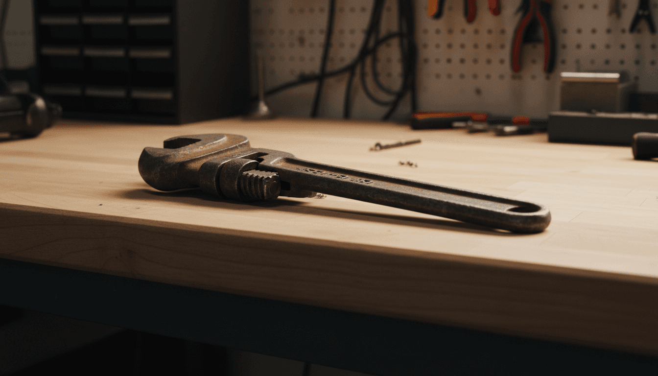 Close-up of a worn plumbing wrench on a workshop counter