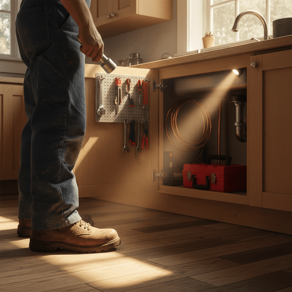 Plumber's boot and leg on a kitchen floor, flashlight pointing under an open sink cabinet
