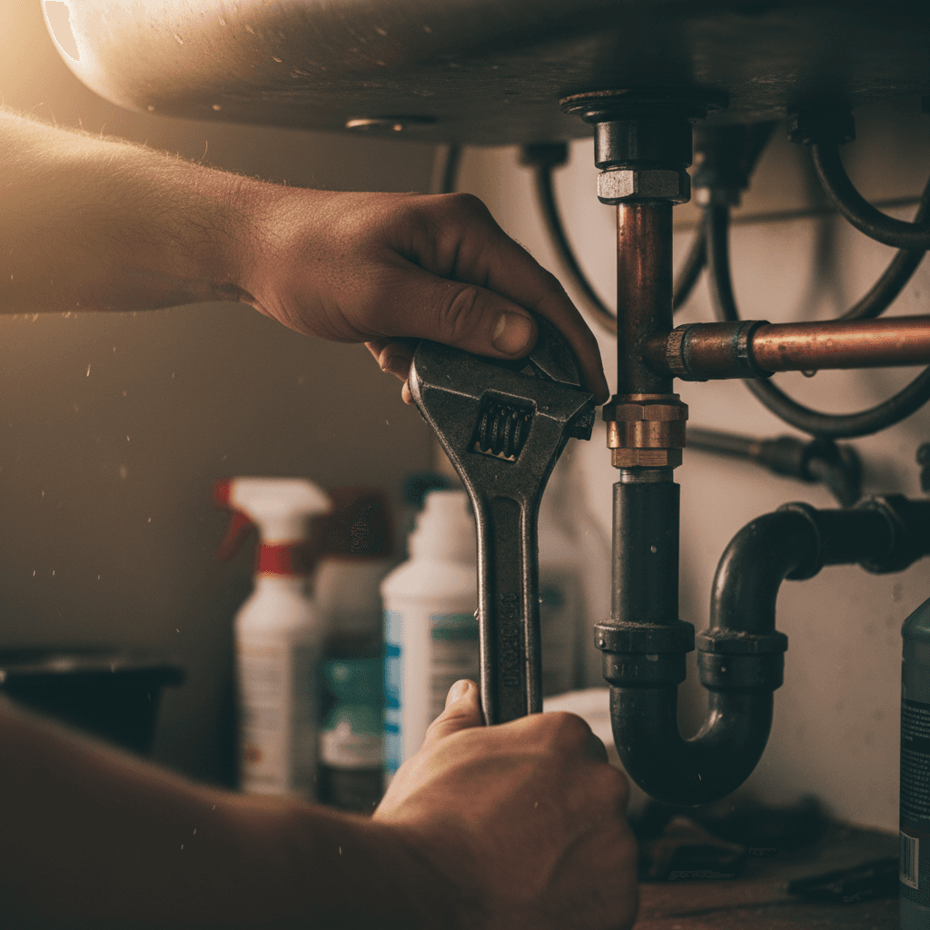 Plumber holding a wrench, close-up