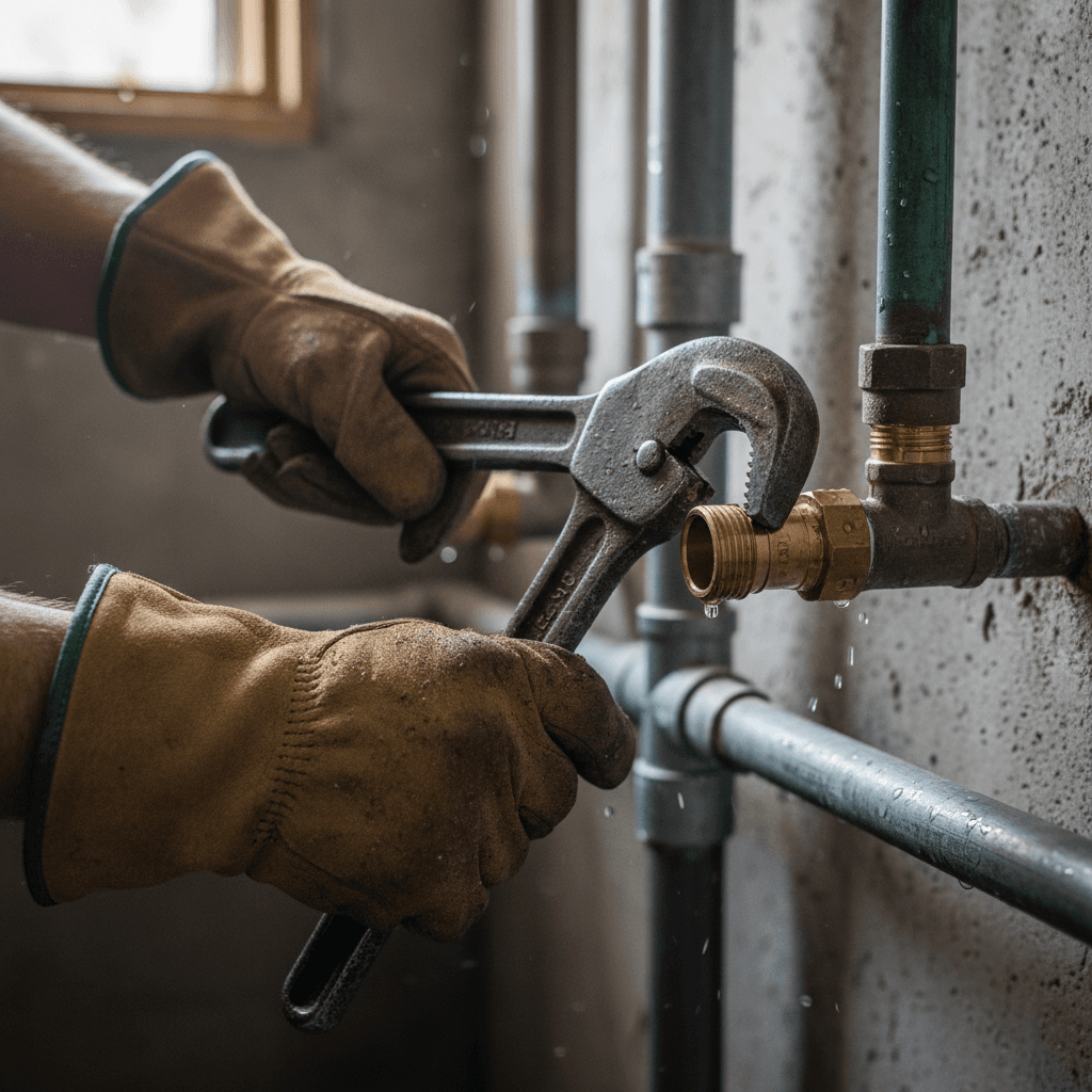 Close-up of a plumber's hands holding a pipe wrench on a pipe