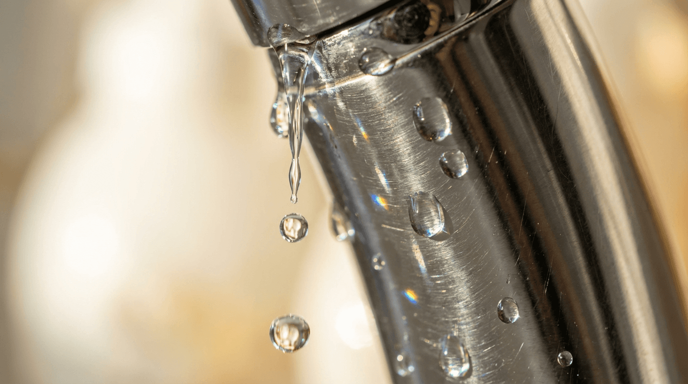 Close-up of a brass water pipe with a droplet of water forming at a joint, dimly lit basement background