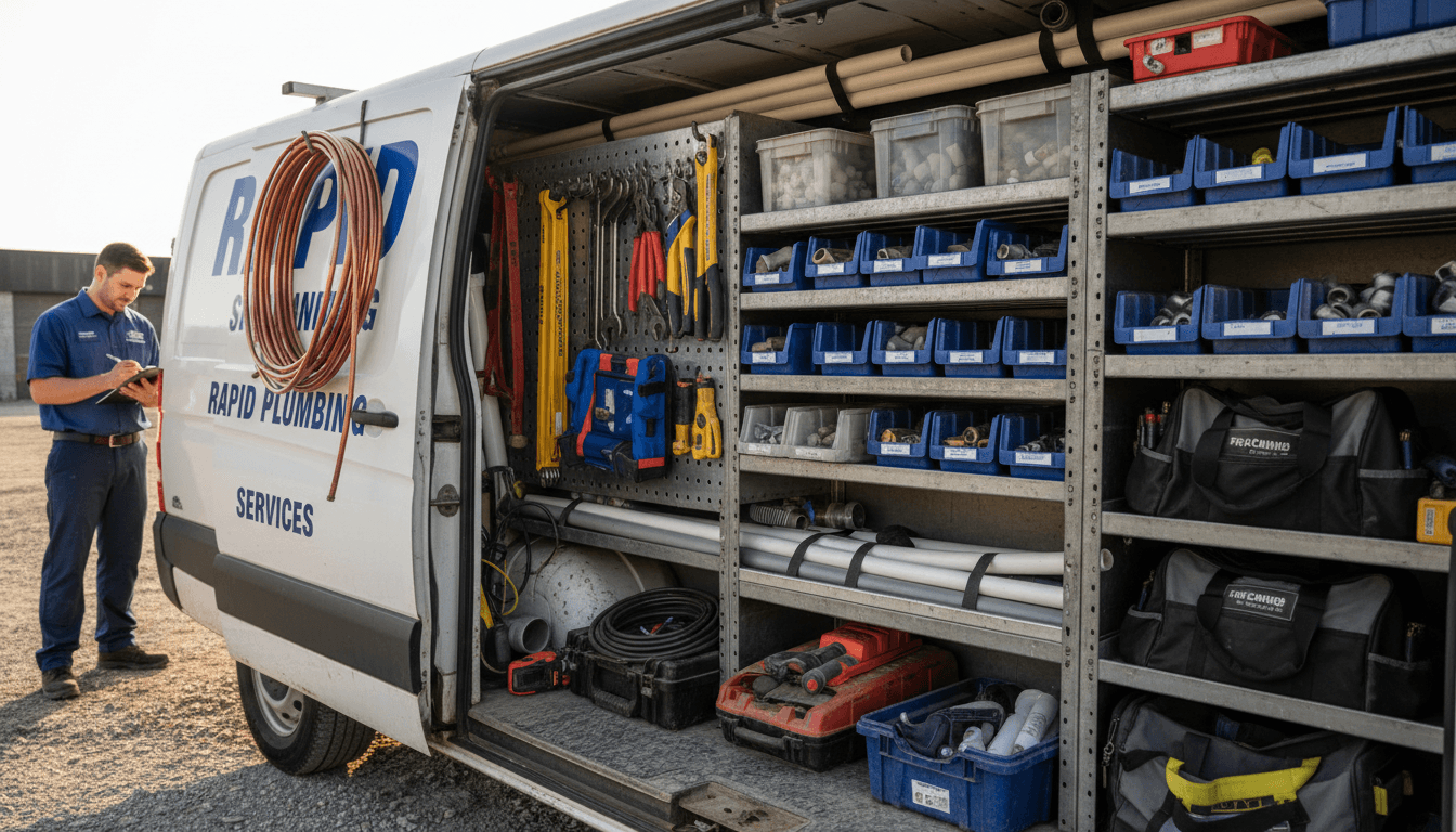 Organized plumbing work van with pipe sections and tool bags visible in open doors at dusk