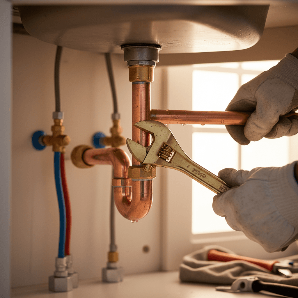 Close-up of hands inspecting a corroded copper pipe under a sink with a wrench nearby