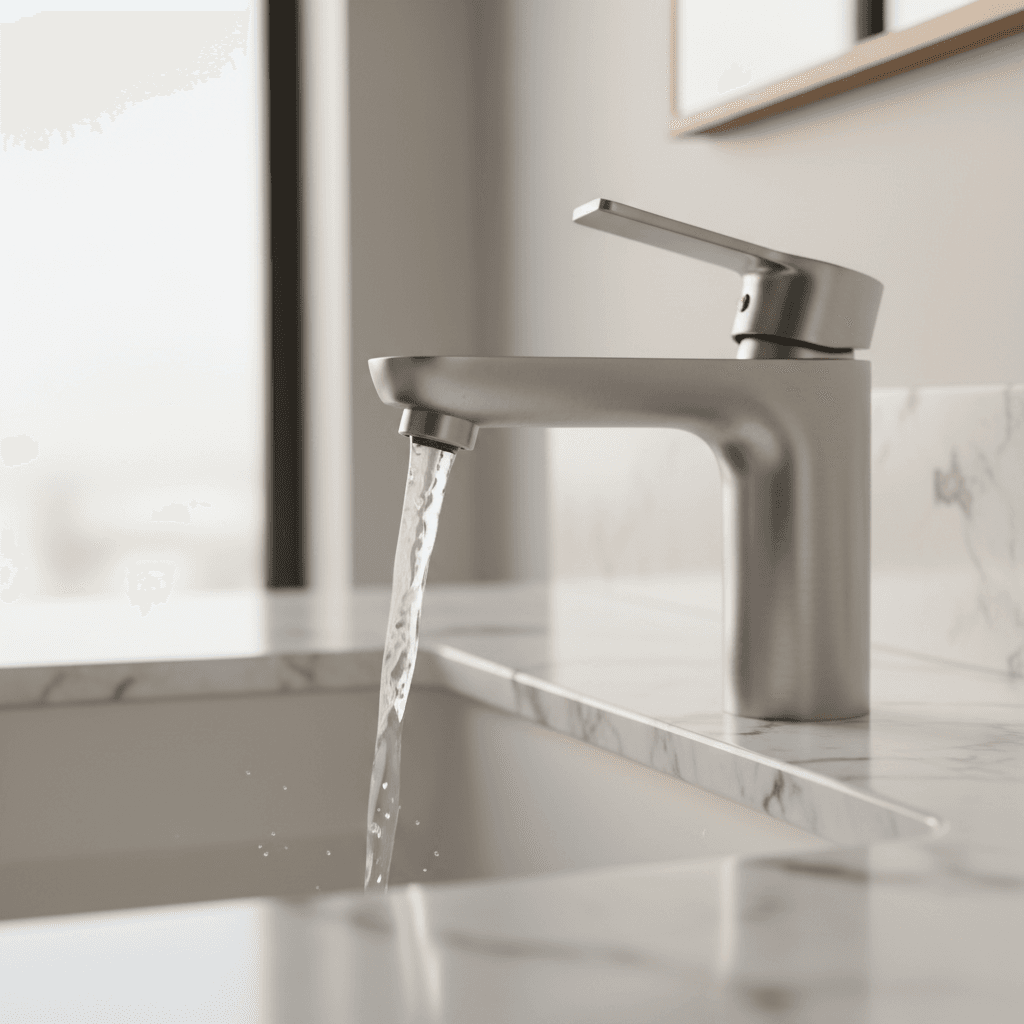 Newly installed chrome kitchen faucet with wrench and silicone tape on granite countertop